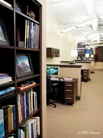 book shelf in an office with chocolate brown finish to optimize and style the work space