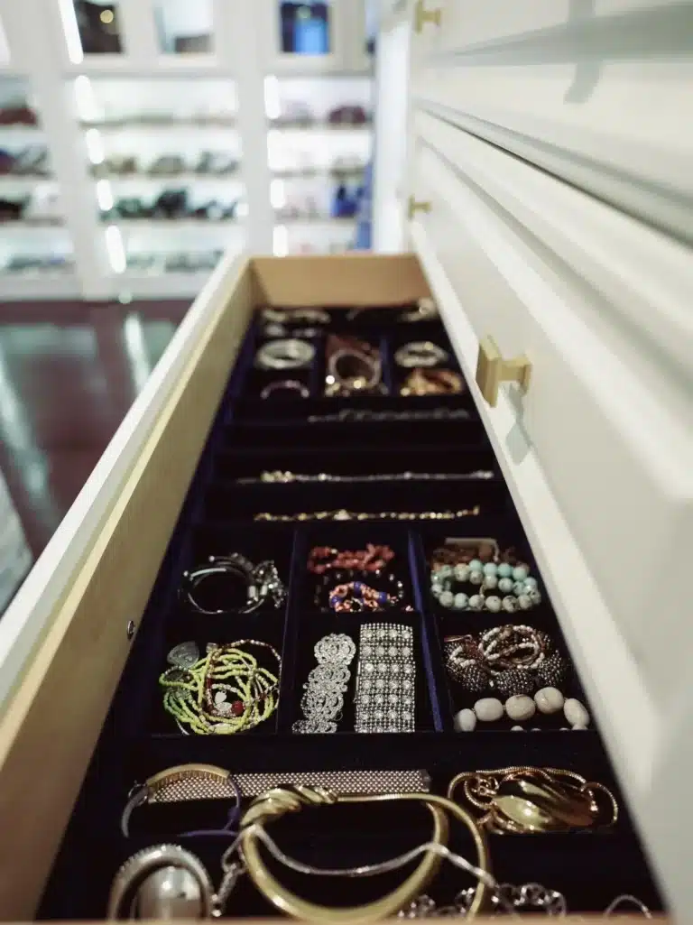 jewelry organizer inside a walk in closet