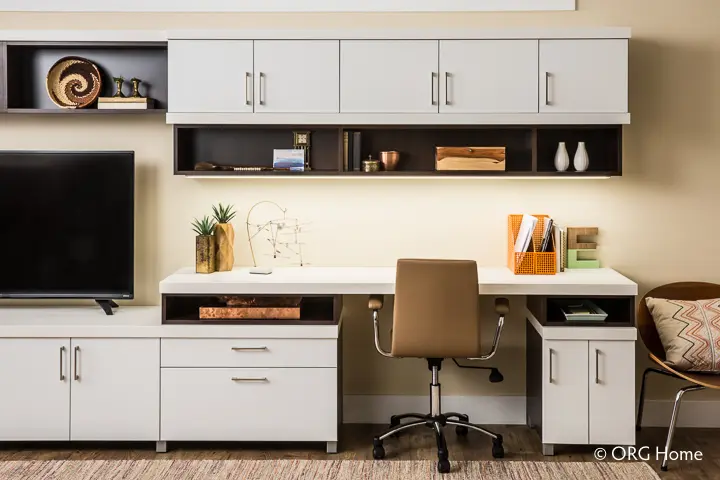 home office with shelves and drawers, different compartments to maximize space, also used as an entertainment center