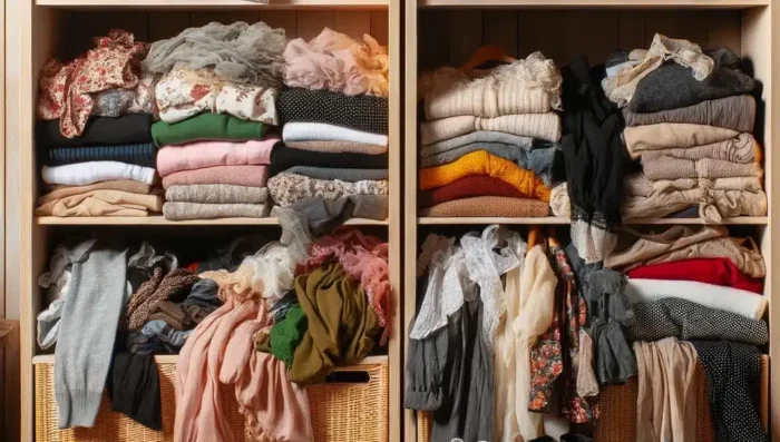 two shelves with overstuffed clothes