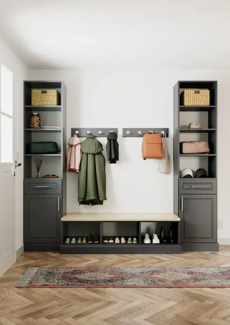 entryway wardrobe in black finish with hangers and shoe space under a seat bench