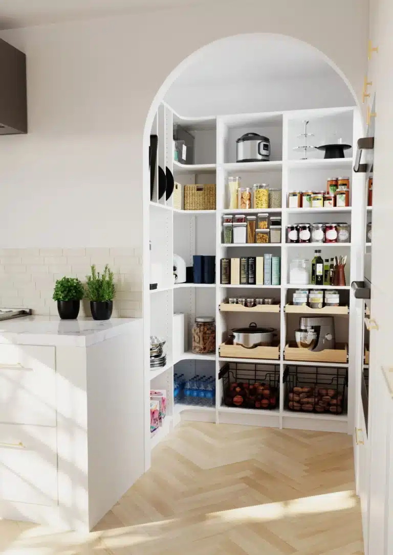 white pantry with pull out wire bins, and spacious shelves