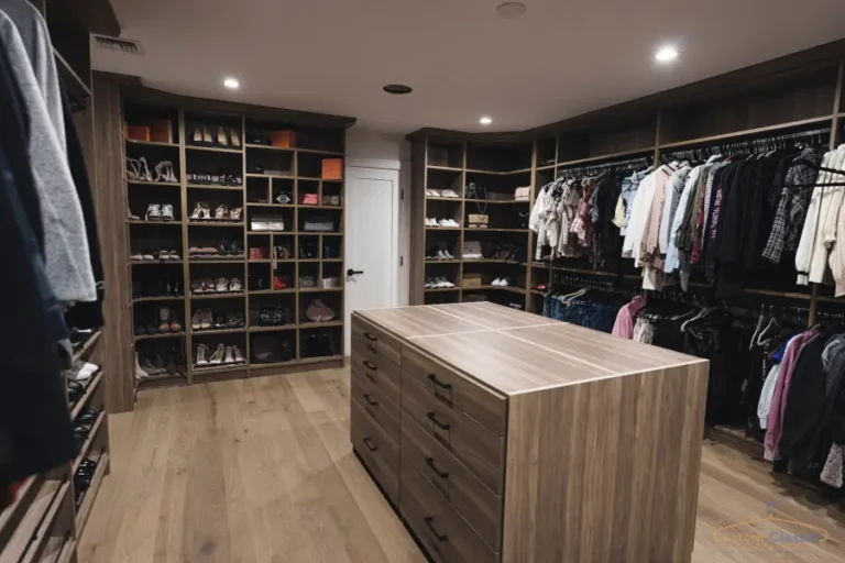 custom master closet with brown finish, an island in the middle, shoe shelves and space for bags
